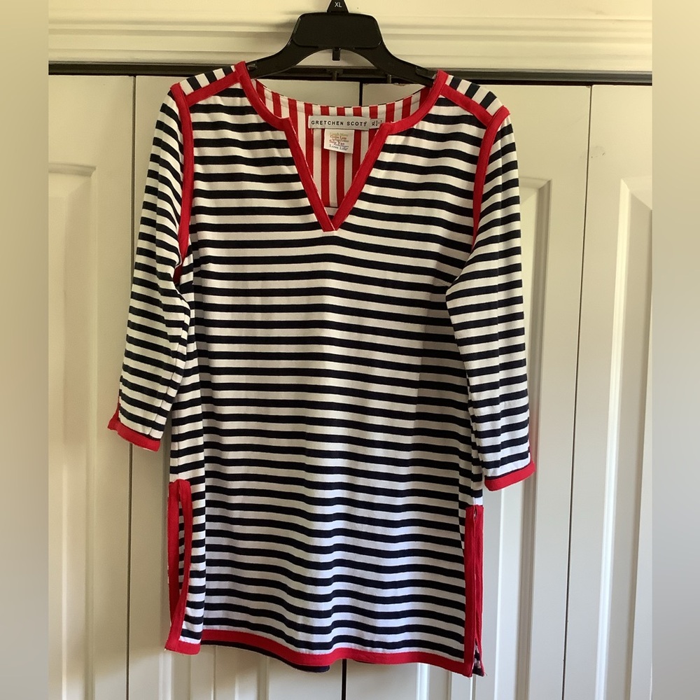 Gretchen Scott Designs Navy and White Striped Tunic with Red Trim